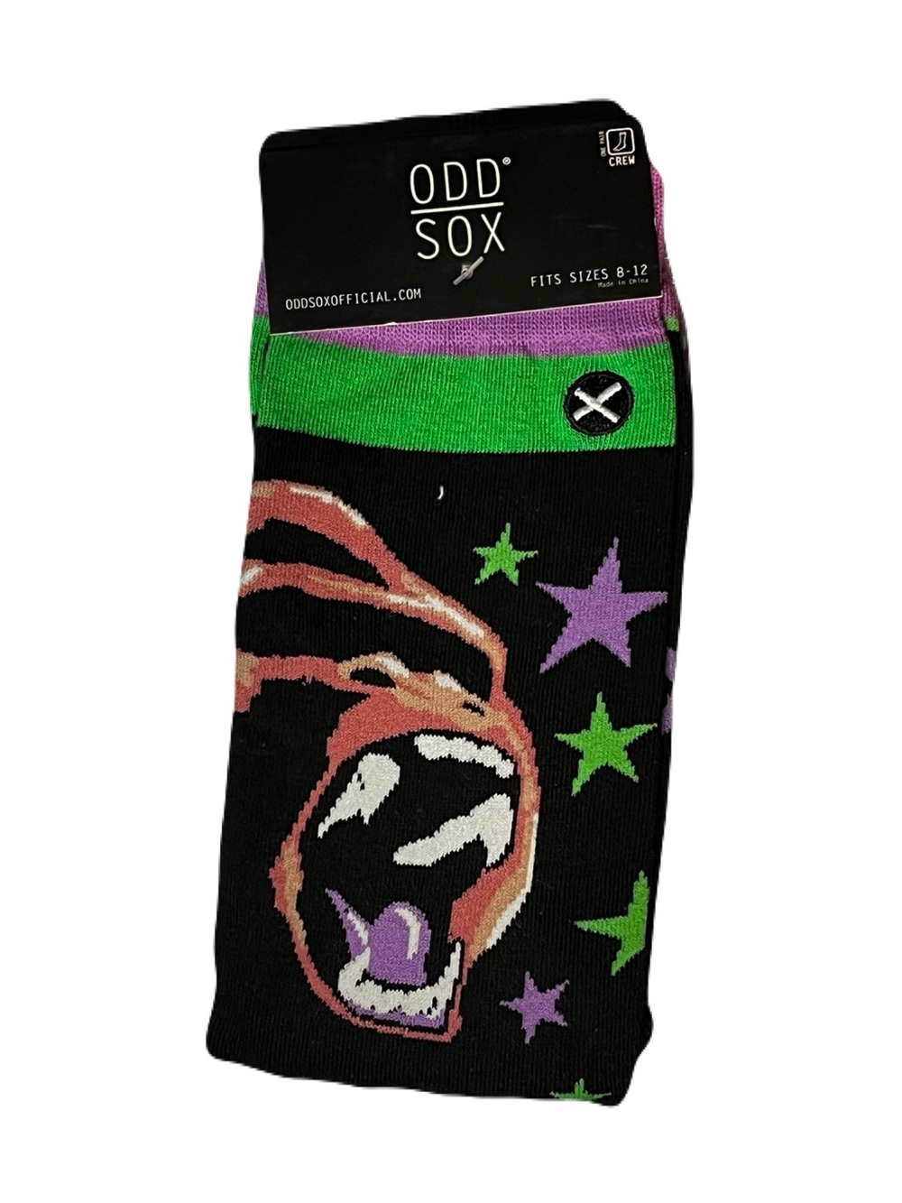 Odd Sox Men’s Black Crew Socks with Green & Purple Star Accents